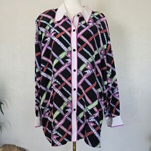 Bob Mackie Wearable Art Silk Blouse 3X Bow Print Vintage 90s Statement Top